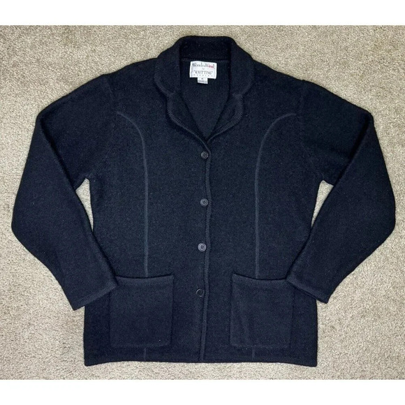 VINTAGE WOMENS WONDRAWOOL Cardigan Sweater Jacket Black 100% Wool MEDIUM - Picture 1 of 10